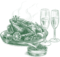 Elegant angerichtete, dampfende Gans, Kaviar und Sekt.